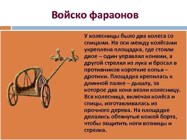 Войско фараонов У колесницы было два колеса со спицами. На оси между колёсами укреплена