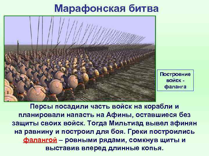 Марафонская битва Построение войск фаланга Персы посадили часть войск на корабли и планировали напасть