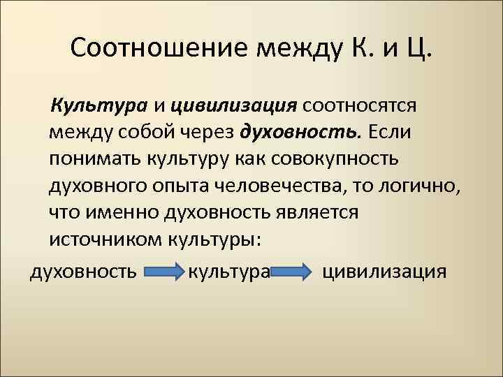 Соотношение между К. и Ц. Культура и цивилизация соотносятся между собой через духовность. Если