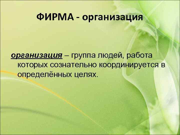 ФИРМА - организация – группа людей, работа которых сознательно координируется в определённых целях. 