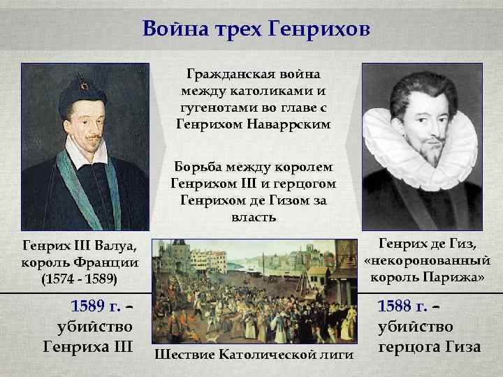 Война трех Генрихов Гражданская война между католиками и гугенотами во главе с Генрихом Наваррским