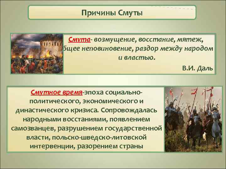 Причины Смута- возмущение, восстание, мятеж, Смута общее неповиновение, раздор между народом и властью. В.