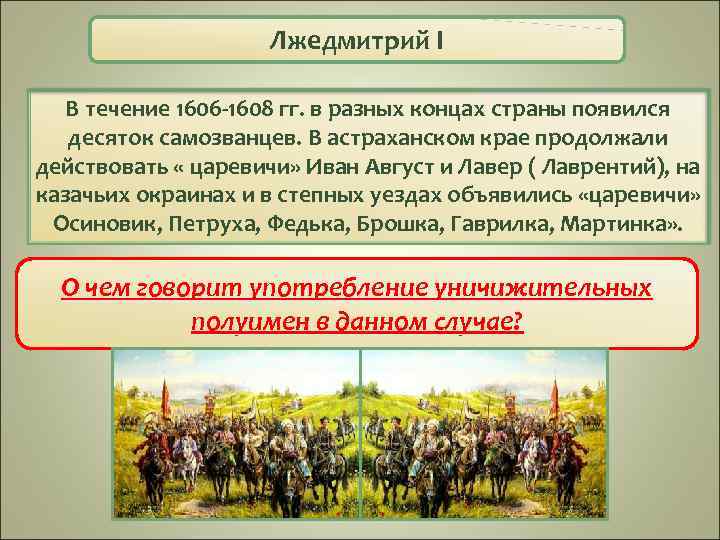 Лжедмитрий I В течение 1606 -1608 гг. в разных концах страны появился десяток самозванцев.