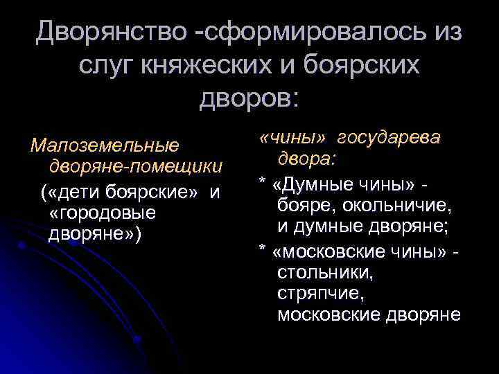 Дворянство -сформировалось из слуг княжеских и боярских дворов: Малоземельные дворяне-помещики ( «дети боярские» и