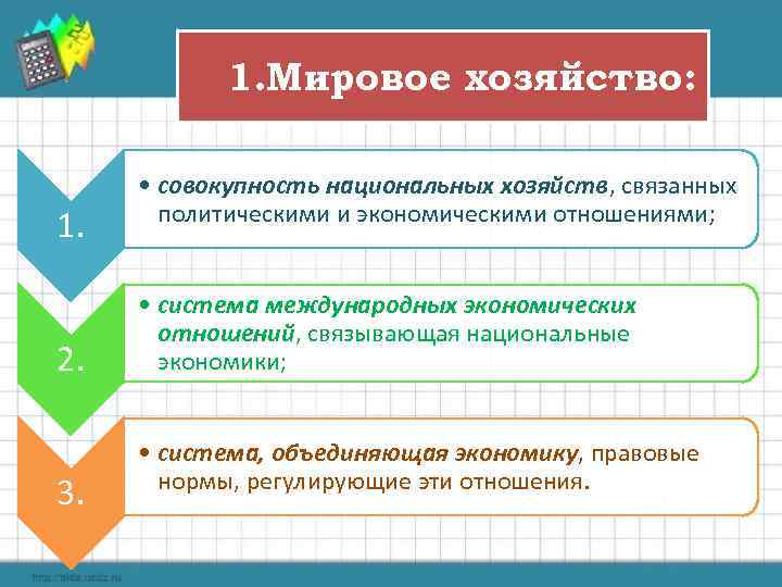 1. Мировое хозяйство: 1. 2. 3. • совокупность национальных хозяйств, связанных политическими и экономическими