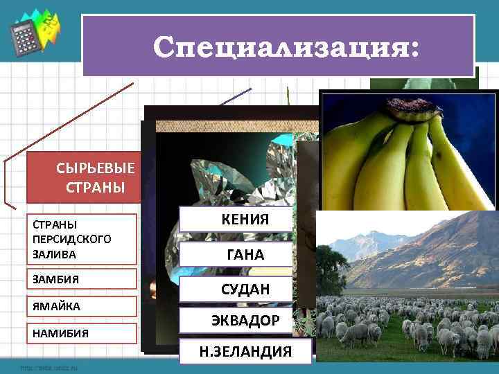 Специализация: СЫРЬЕВЫЕ СТРАНЫ ПЕРСИДСКОГО ЗАЛИВА ЗАМБИЯ ЯМАЙКА НАМИБИЯ АГРАРНЫЕ СТРАНЫ ПРОМЫШЛЕННЫЕ СТРАНЫ КЕНИЯ CША