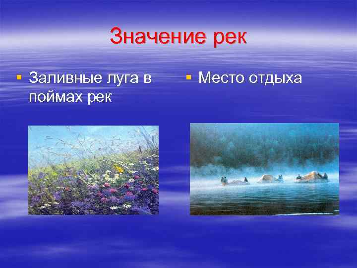 Значение рек § Заливные луга в поймах рек § Место отдыха 