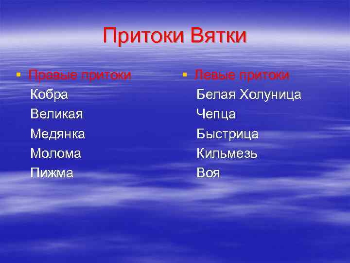 Притоки Вятки § Правые притоки Кобра Великая Медянка Молома Пижма § Левые притоки Белая