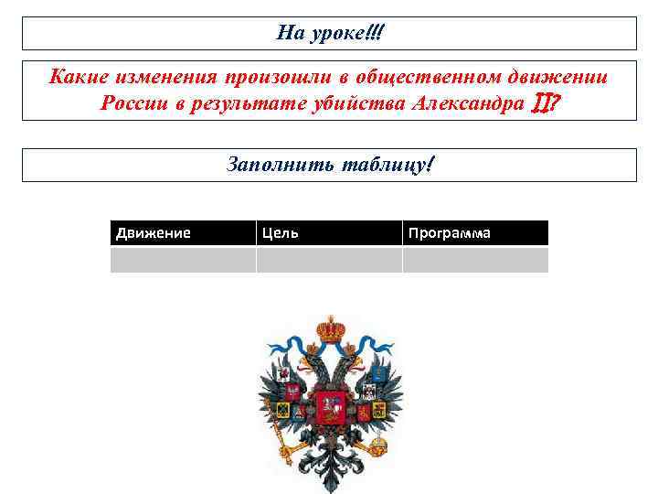 На уроке!!! Какие изменения произошли в общественном движении России в результате убийства Александра II?