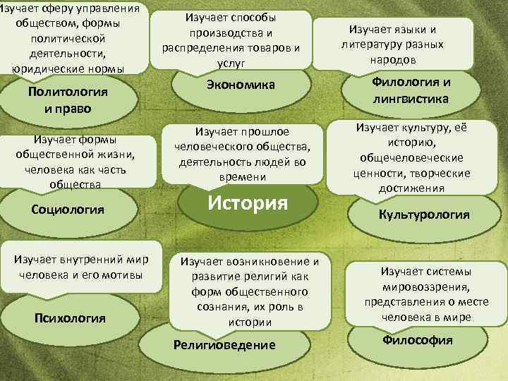 Изучает сферу управления обществом, формы политической деятельности, юридические нормы Политология и право Изучает формы