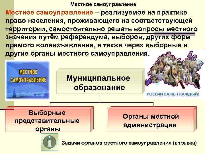 Местное самоуправление – реализуемое на практике право населения, проживающего на соответствующей территории, самостоятельно решать