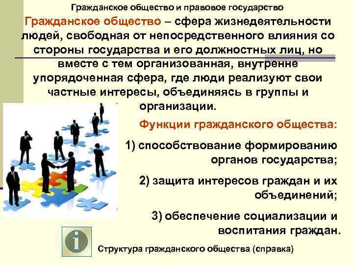 Гражданское общество и правовое государство Гражданское общество – сфера жизнедеятельности людей, свободная от непосредственного