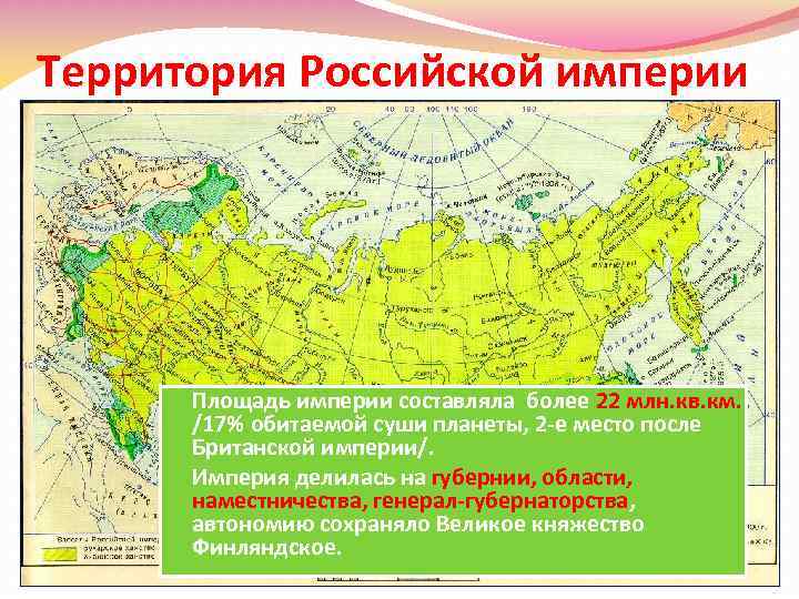 Территория Российской империи Площадь империи составляла более 22 млн. кв. км. /17% обитаемой суши