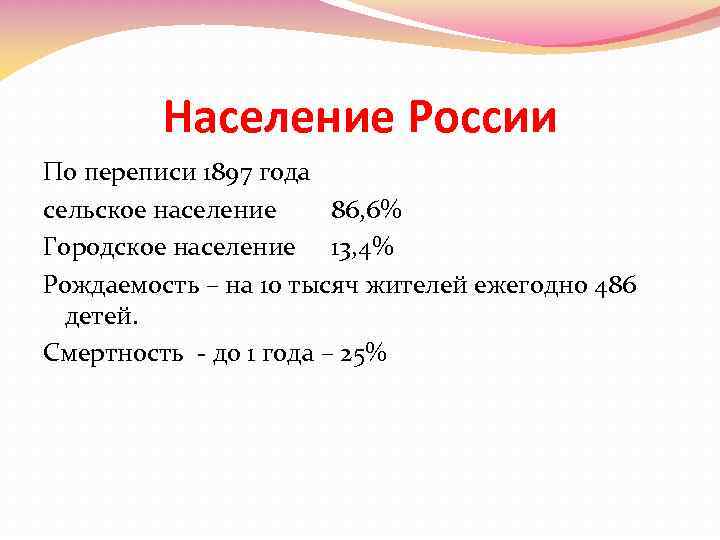 Население России По переписи 1897 года сельское население 86, 6% Городское население 13, 4%