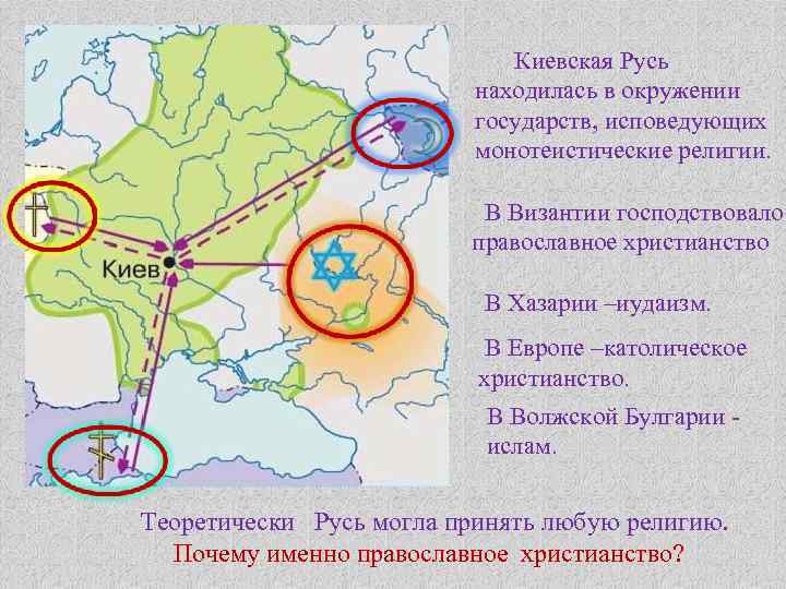 Киевская Русь находилась в окружении государств, исповедующих монотеистические религии. В Византии господствовало православное христианство