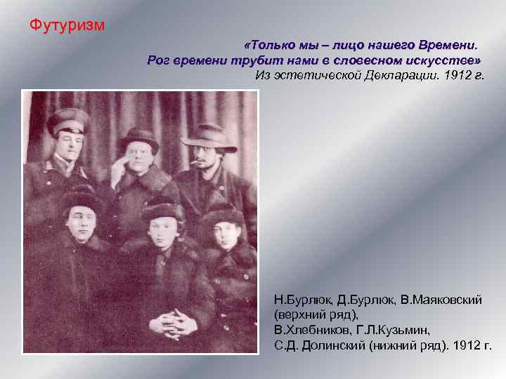 Футуризм «Только мы – лицо нашего Времени. Рог времени трубит нами в словесном искусстве»