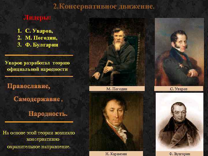 2. Консервативное движение. Лидеры: 1. С. Уваров, 2. М. Погодин, 3. Ф. Булгарин Уваров