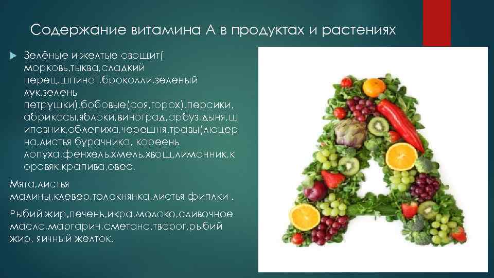 Содержание витамина А в продуктах и растениях Зелёные и желтые овощит( морковь, тыква, сладкий