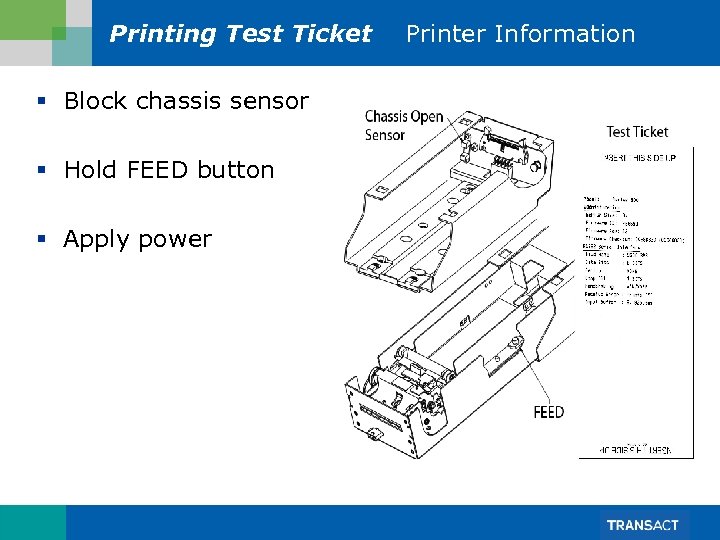 Printing Test Ticket § Block chassis sensor § Hold FEED button § Apply power