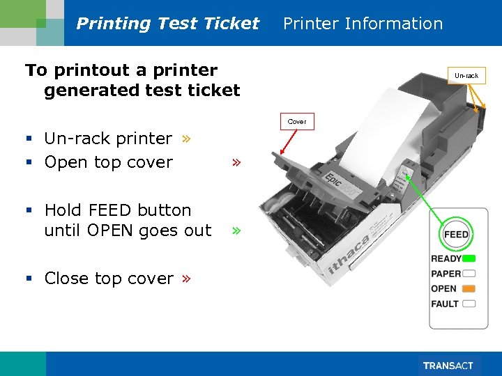 Printing Test Ticket Printer Information To printout a printer generated test ticket Un-rack Cover