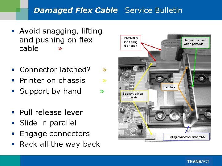 Damaged Flex Cable Service Bulletin § Avoid snagging, lifting and pushing on flex cable