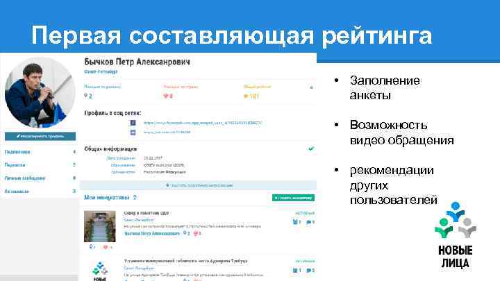 Первая составляющая рейтинга • Заполнение анкеты • Возможность видео обращения • рекомендации других пользователей