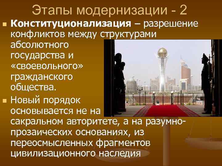 Этапы модернизации - 2 n n Конституционализация – разрешение конфликтов между структурами абсолютного государства