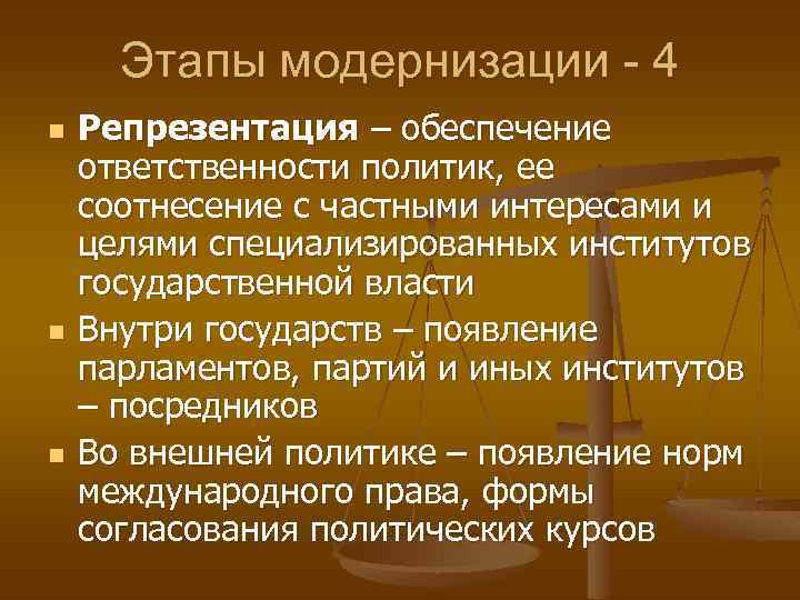 Этапы модернизации - 4 n n n Репрезентация – обеспечение ответственности политик, ее соотнесение