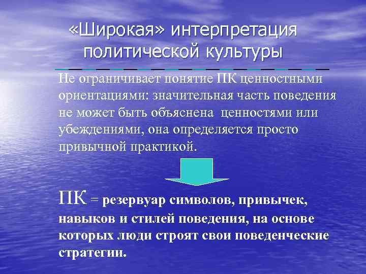  «Широкая» интерпретация политической культуры Не ограничивает понятие ПК ценностными ориентациями: значительная часть поведения