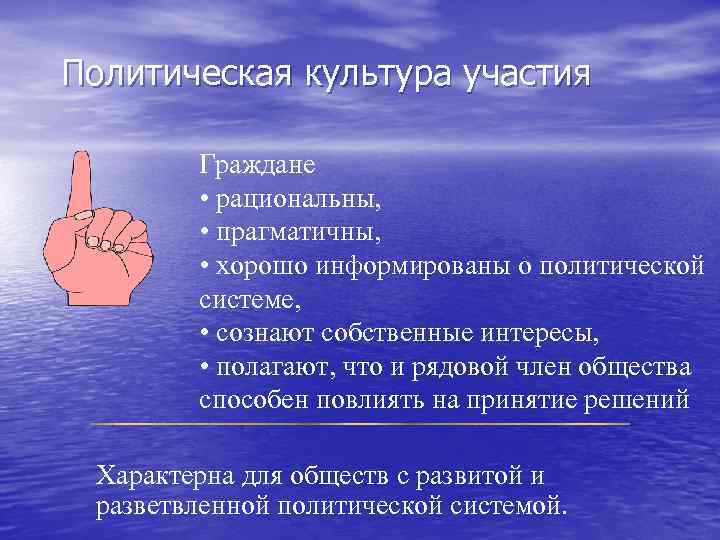 Политическая культура участия Граждане • рациональны, • прагматичны, • хорошо информированы о политической системе,