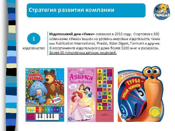 Стратегия развития компании 1 издательство Издательский дом «Умка» появился в 2010 году. Стартовав с