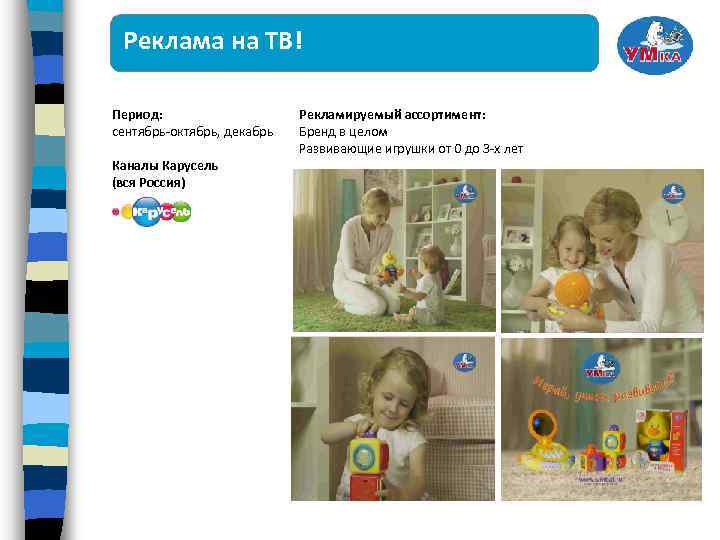 Реклама на ТВ! Период: сентябрь-октябрь, декабрь Каналы Карусель (вся Россия) Рекламируемый ассортимент: Бренд в