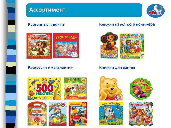 Ассортимент Картонные книжки Книжки из мягкого полимера Раскраски и «активити» Книжки для ванны 
