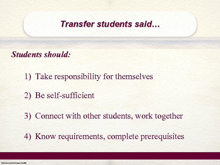 Transfer students said… Students should: 1) Take responsibility for themselves 2) Be self-sufficient 3)