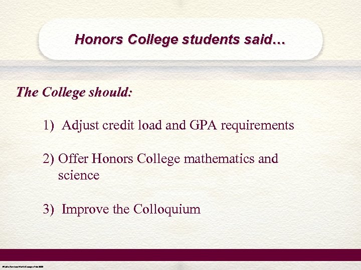 Honors College students said… The College should: 1) Adjust credit load and GPA requirements