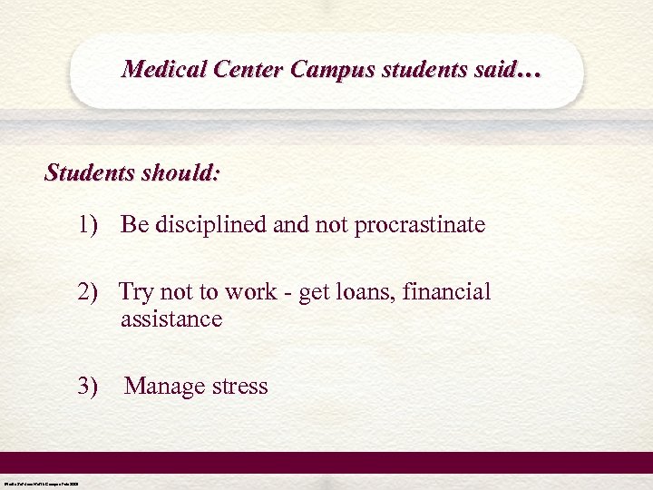 Medical Center Campus students said… Students should: 1) Be disciplined and not procrastinate 2)