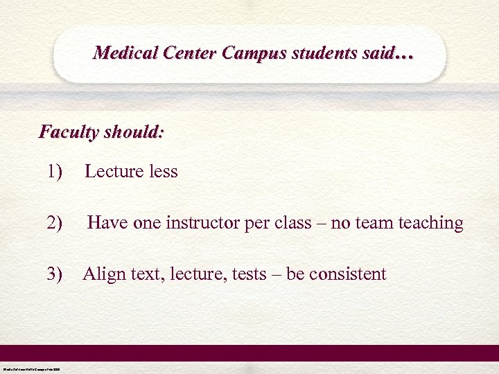 Medical Center Campus students said… Faculty should: 1) Lecture less 2) Have one instructor