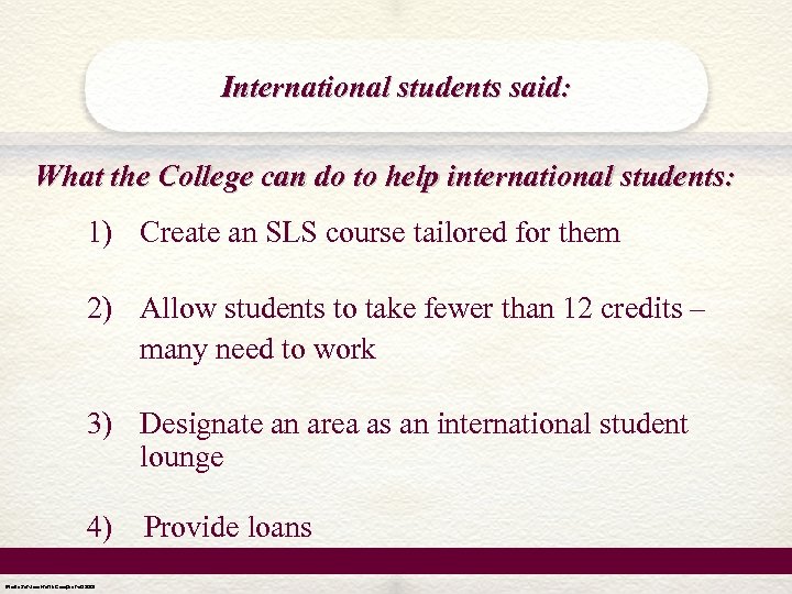 International students said: What the College can do to help international students: 1) Create