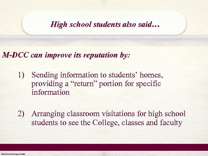 High school students also said… M-DCC can improve its reputation by: 1) Sending information