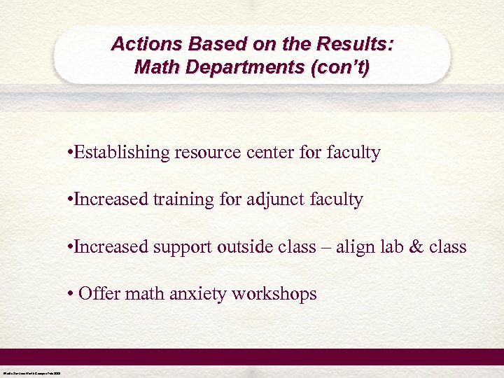 Actions Based on the Results: Math Departments (con’t) • Establishing resource center for faculty