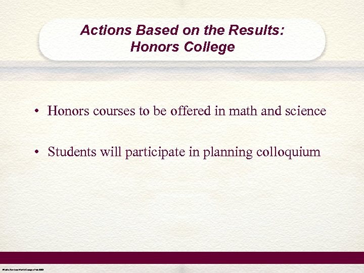 Actions Based on the Results: Honors College • Honors courses to be offered in