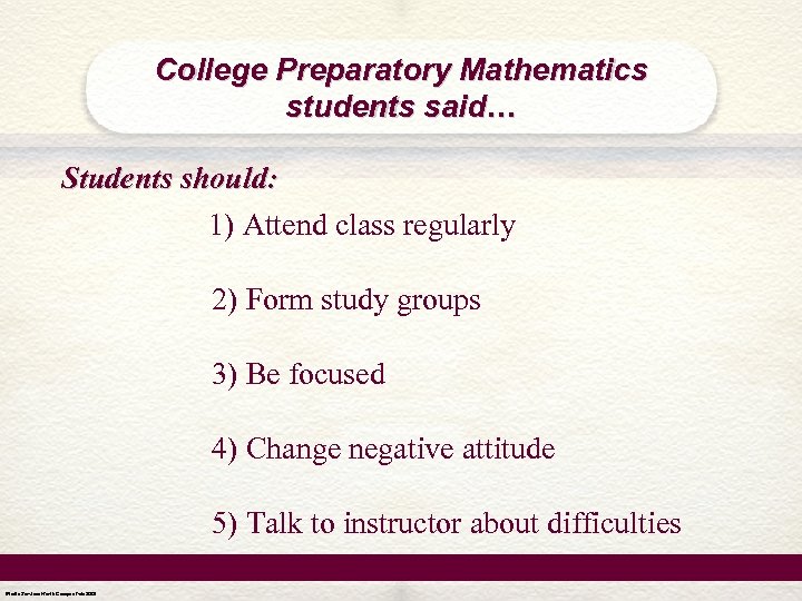 College Preparatory Mathematics students said… Students should: 1) Attend class regularly 2) Form study