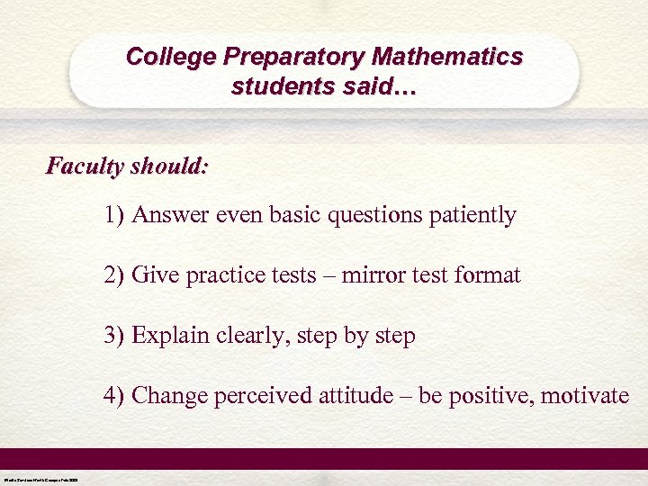 College Preparatory Mathematics students said… Faculty should: 1) Answer even basic questions patiently 2)