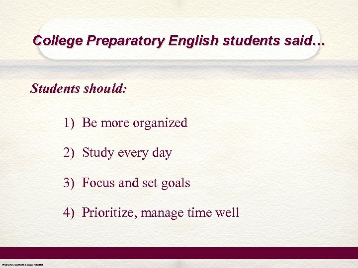 College Preparatory English students said… Students should: 1) Be more organized 2) Study every
