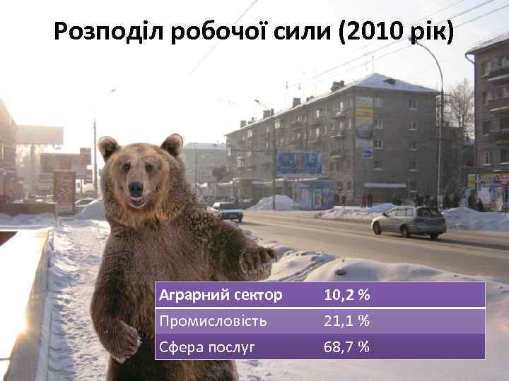 Розподіл робочої сили (2010 рік) Аграрний сектор 10, 2 % Промисловість 21, 1 %