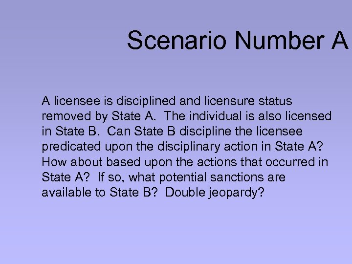 Scenario Number A A licensee is disciplined and licensure status removed by State A.