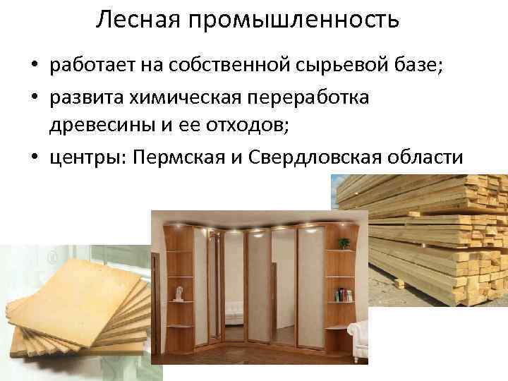 Лесная промышленность • работает на собственной сырьевой базе; • развита химическая переработка древесины и