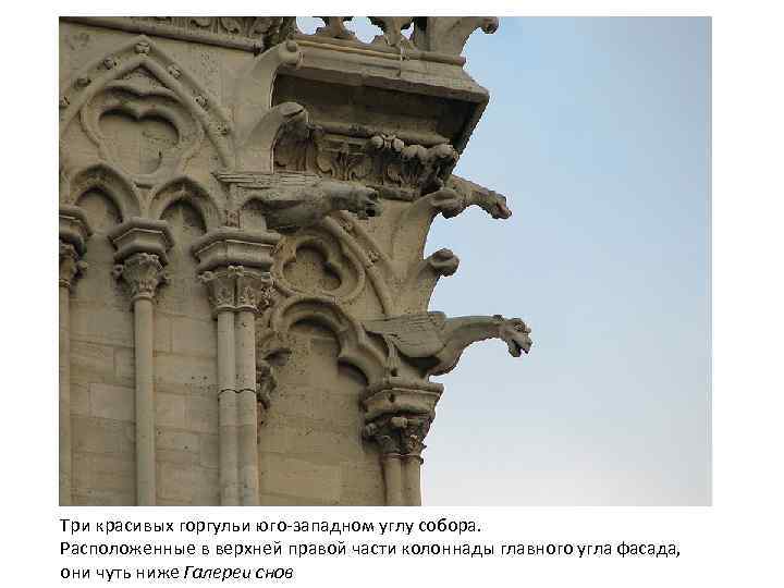 Три красивых горгульи юго-западном углу собора. Расположенные в верхней правой части колоннады главного угла