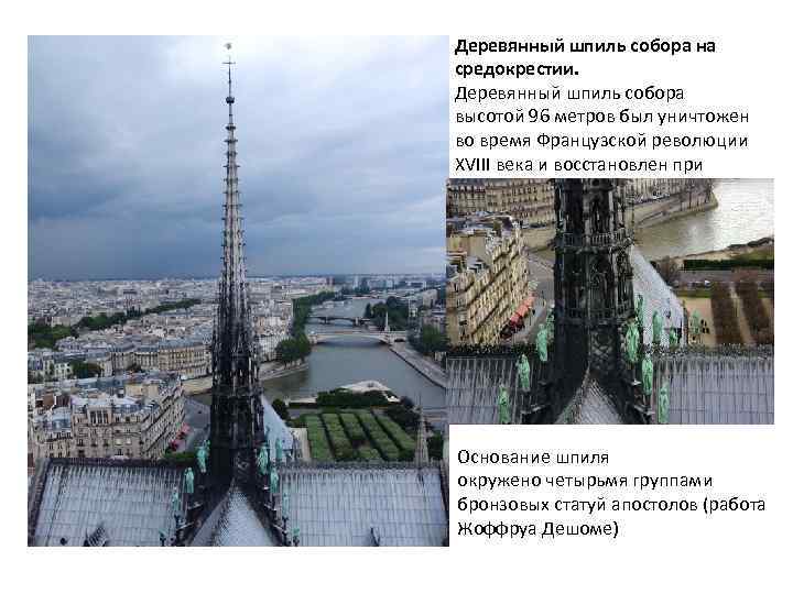 Деревянный шпиль собора на средокрестии. Деревянный шпиль собора высотой 96 метров был уничтожен во