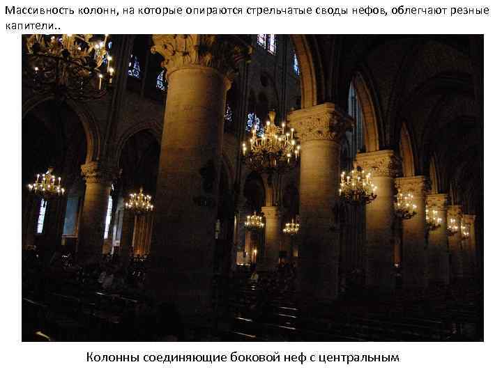 Массивность колонн, на которые опираются стрельчатые своды нефов, облегчают резные капители. . Колонны соединяющие
